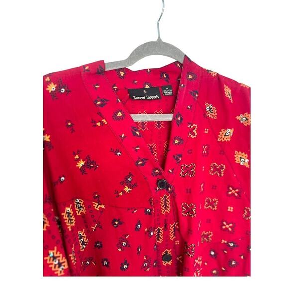 SACRED THREADS Patchwork Button Up Shirt Red Cotton Hippie Artsy Boho Size M - Picture 4 of 9